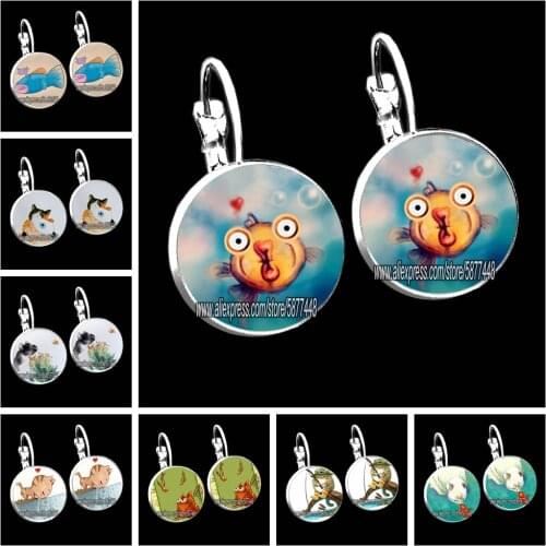 Naughty Cat and Fish Glass Dome Girl Stud Earrings Cute Cat Who Wants To Eat Fish Earrings for Women
