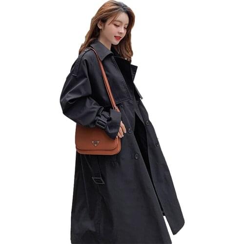 Spring Autumn Trench Coat Woman Black/Khaki Coats Female Casual Loose Windbreakers Womens Long Simple Slim Overcoat Belt Outwear