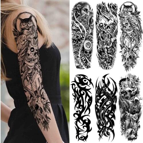 Owl Skull Temporary Tattoo Sleeve For Women Men Adult Fake Thorns Tribal Totem Tattoos Sticker Black Demon Realistic Tatoo Paste