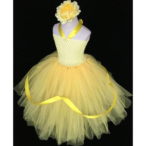 Little Girls Yellow Princess Dress Baby Flower Dress Kids Crochet Tulle Dress Ball Gown with Headband Children Party Tutu Dress