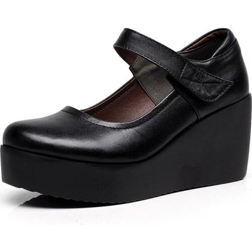 MVVJKE Womens Wedge Heels Mary Janes Shallow Office Lady Shoes Platform Genuine Leather Shoes Black Uninnova Plus Sizes 42 E141