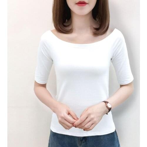 Womens top Lady Cotton Slash Collar Half sleeve Turtleneck top woman tshirt all match Basic t-shirt Half sleeve woman tshirt