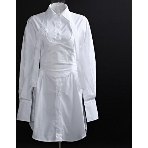 Women White Cotton Shirt Dress Reversible Long Sleeve High Street+Adjustable Corset Waistcoat