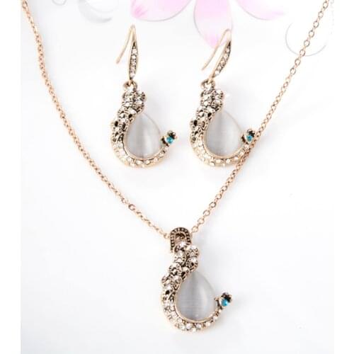 Women Jewelry Gold-Color Austria Crystal Shiny Rhinestone Opal Peacock Pendant Necklace/Earrings Wedding Jewelry Sets