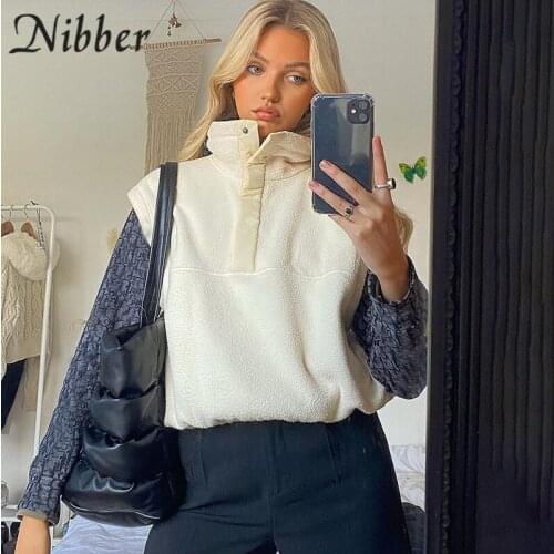 Nibber Fashion Fleece Jacket Waistcoat Concealed Button High Collar Sleeveless Korean Casual Vest For Women Daily Street Wear