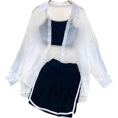Womens Summer Suit Long-sleeved Sunscreen Shirt All-match Short Camisole + Hip Skirt Three-piece Suit DK555