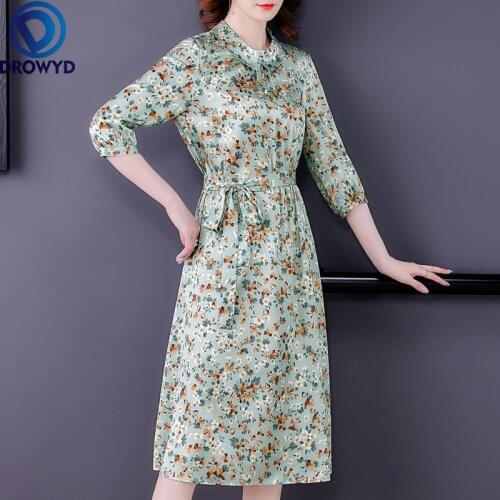Summer Fashion Print Mulberry Silk Satin Midi Dress 2021 Vintage Green Floral Dress Women Elegant Fashion Bodycon Party Vestidos