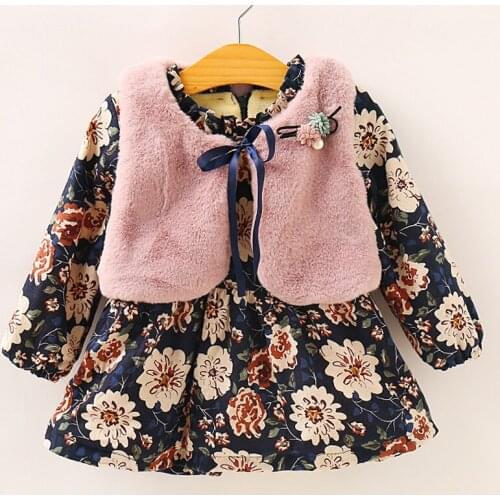Winter Autumn Kids Dresses for Girls Thick Warm Casual Princess Dress Plus Velvet Plaid Gown + Faux Fur Vest 2pcs clothes 0-6yrs