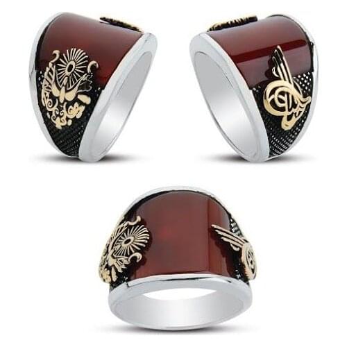 925 sterling Silver the Ottoman State Crested Red Agate Stone Ring