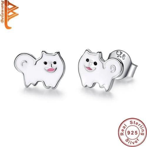 BELAWANG Lucky Dog Stud Earring Children Kids White Color Enamel Small Ear Studs for Girls Cute Animal S925 Fashion Jewelry Gift