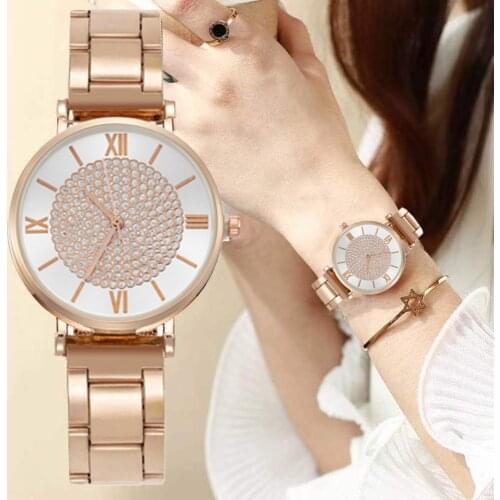 Rose Gold Luxury Fashion Women alloy Watches Qualities Diamond Ladies Quartz Wristwatches Stainless Steel Silver Woman Clock