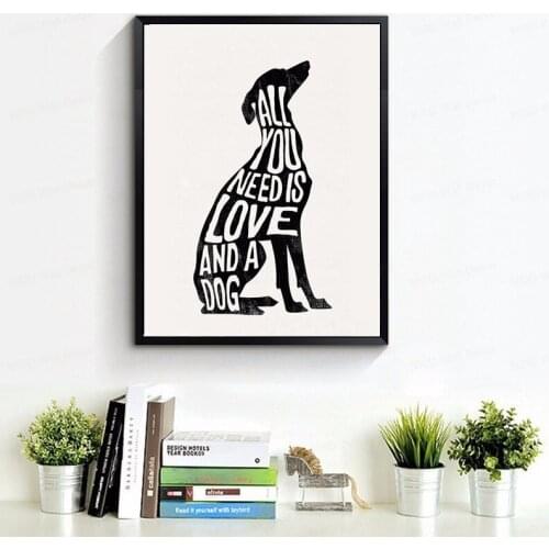 Modern Style Black White Dog Letter Love Canvas Painting Abstract Animal Posters And Prints Wall Pictures For Living Room Decor
