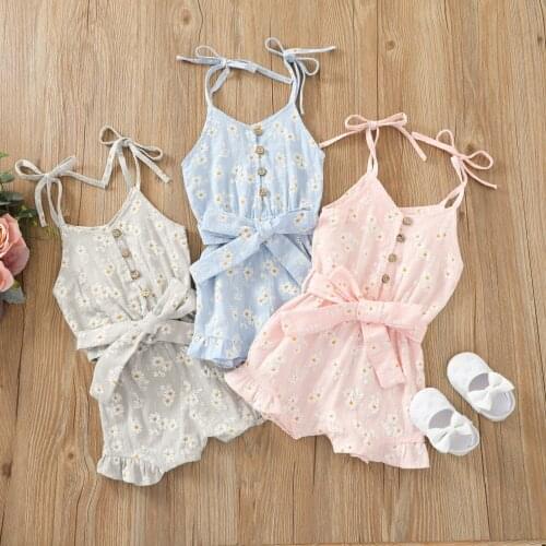 Newborn Baby Floral Camisole Jumpsuit with Bow Decoration Single-breasted Ruffle Summer Clothing Lace Up Ruffles Rompers
