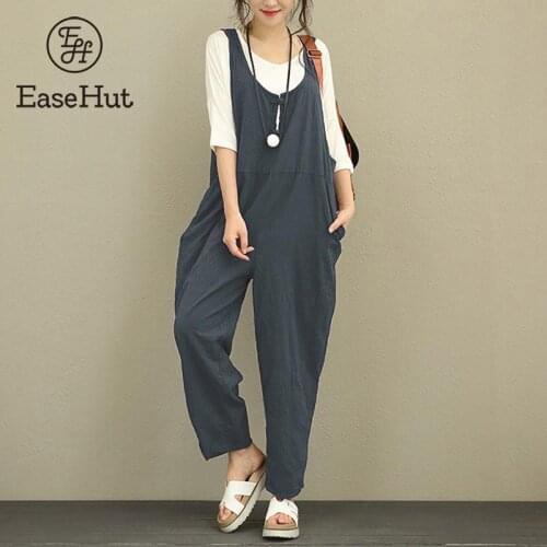 EaseHut Retro Cotton Linen Rompers Womens Jumpsuits 2020 Female Backless Overalls Playsuit Plus Size Pantalon Palazzo macacao