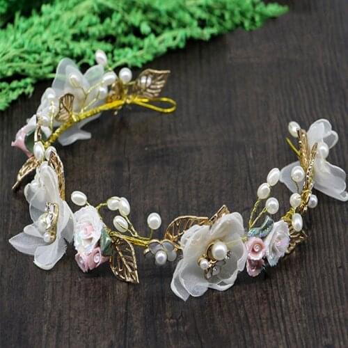 HIMSTORY Handmade Headbands Golden Leaves Soft Headpiece Pearl Ceramic Flower Bride Wedding Accessories Bridal Hairwear