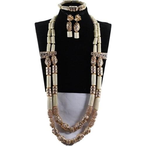 Amazing White Long Coral Beads Necklace Set White Coral Costume African Beads Jewelry Set Gold Fashion Coral Beads CNR057