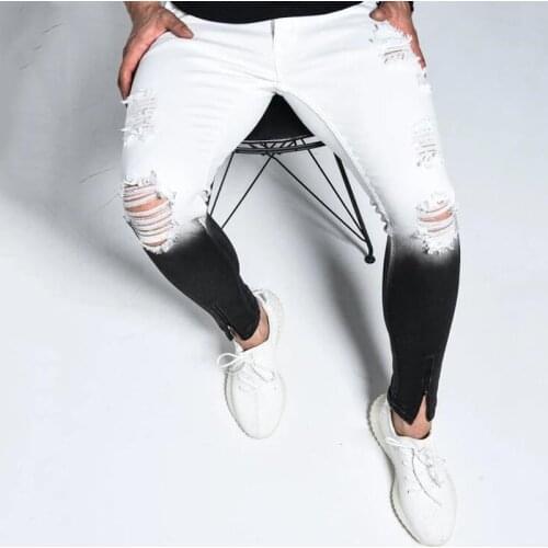 Fashion Mens Skinny Stretch Ripped Jeans Men Slim Fit Denim Trousers Streetwear Gradient White Black Jogging pencil pants