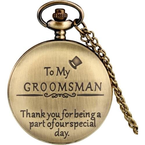 Mens Pocket Watch Golden To My Groomsman Classic White Digital Dial Quartz Clock Slim Chain Pendant Exquisite Back Cover Carved