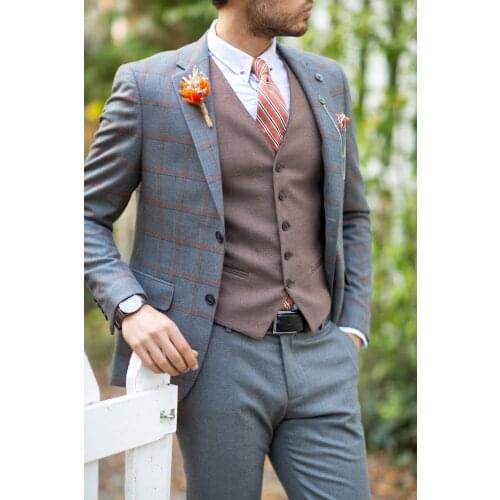 Custom Made Mens Suit 2020 Wedding Tuxedos Plaid Best Man Suits Groom Wear Tweed Tuxedos 3 Pieces Suits (Jacket+Pants+vest)