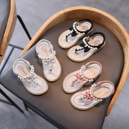 New Arrival Childrens Shoes for 2021 Summer Pearl Soft Soled Girls Thong Sandal Bowknot Decoration Flat Kids Beach Shoes
