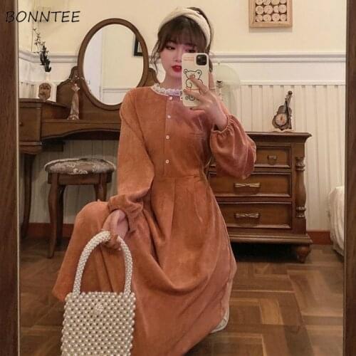 Dresses Women Solid Lace O-Neck Single Breasted High Waist Mid-calf Casual Elegant Sweet Vintage Corduroy A-Line Vestidos Trendy