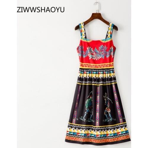 ZIWWSHAOYU Summer Runway Fashion Women Elegant Midi Dresses Spaghetti Strap One Word Collar Printing Casual Vacation Dresses