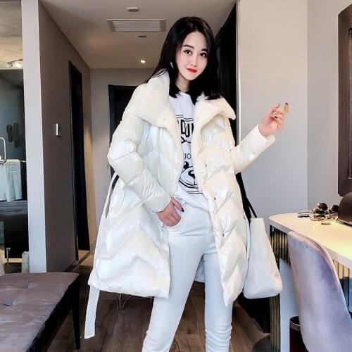Down Cotton Jacket Women Mid Length 2020 New Waistline Winter Coat Lambswool Stitching Fashion Bright Cotton Coat