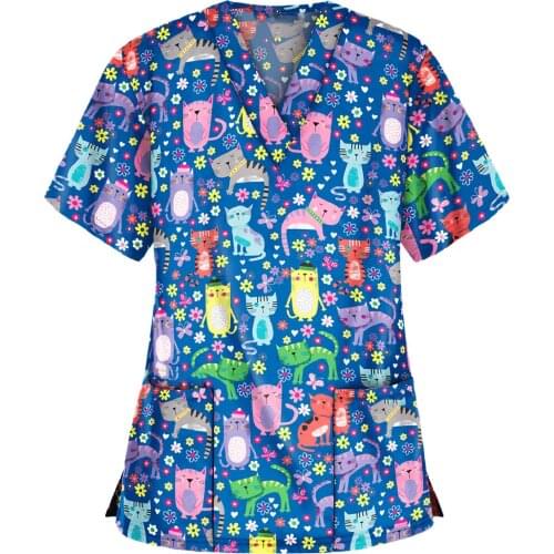 Working Nurse Uniform Tops Cartoon Animal Print Summer V Neck T Shirt Short Sleeve New Nursing Blouse for Women Mukoti Yunifomu