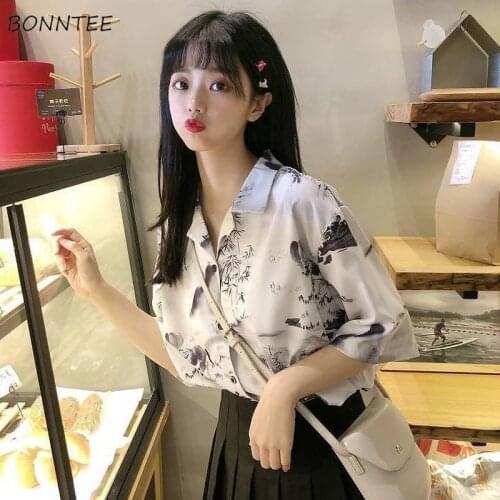 Shirts Women Ink Wash Chiffon Loose Chinese Style Leisure BF Unisex Streetwear Single Breasted Female Top Trendy Popular Chic