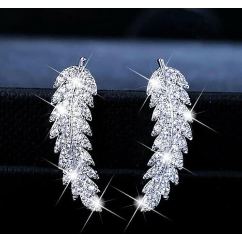 Exquisite Zircon Feather Stud Earrings Geometric Copper Ear Piercing Female Fashion Jewelry Accessories