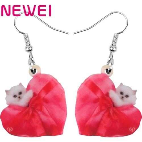 NEWEI Acrylic Valentines Day Bow-knot Love Heart Cat Earrings Drop Dangle Jewelry For Women Girls Teens Lovers Charm Party Gift
