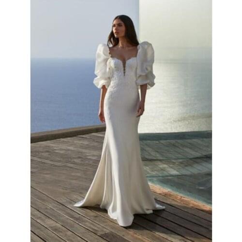 Verngo Modest Mermaid Silk Wedding Dress Puff Long Sleeves Sweetheart Lace Applique Sweep Train Bridal Dresses Vestido de noiva