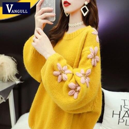 Vangull Flower Embroidery Sweater 2020 Fashion Basic Casual Female Pulloves Long Sleeve Loose Sweet style Hot Sale Sweaters
