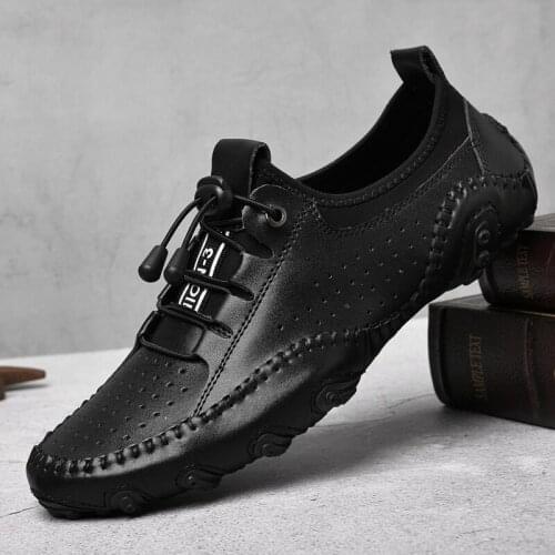 Comfy Mens Casual Shoes Breathable Lace-up Loafers Genuine Leather Shoes Men Handmade Flats Outdoor Summer Shoes Big Size 38-47