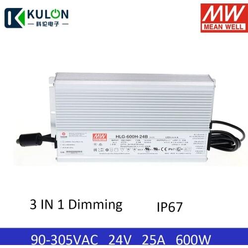 Meanwell IP67 Waterproof Metal Led Driver HLG-600H-24B 600w 246v 25A Constant Voltage and Current Pfc Dimmable Power Supply