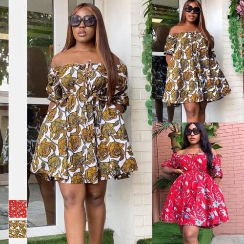 Womens Clothing 2021 African Dress Lantern Sleeve High Waist Robe Africaine Femme Flower Print Strapless Sexy Evening Dresses