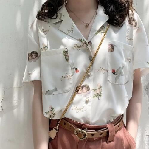 Harajuku Women Kong-Style Single Breasted Japanese Short Sleeve Female Shirts Loose Casual LadyTops Angle Pattern Print Blouse