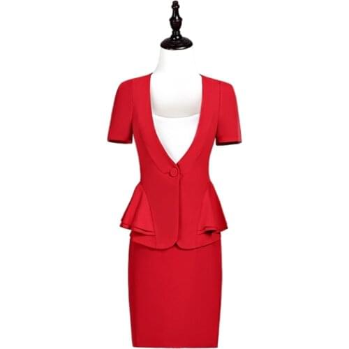 Professional suit female summer 2020 black red Short Sleeved women blazer + temperament OL skirt 2 pieces office wear women