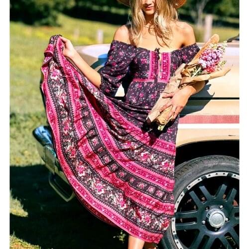 TEELYNN Sexy Off Shoulder Purple Floral Print Maxi Women Dress 2021 Vintage Boho Hippie Summer Dresses Ethnic Sashes Casual Robe