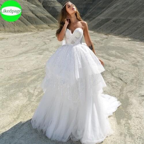 Wedding Dress 2021Vestidos De Novia Sweetheart Ball Lace Shine Sequined Bow Backless Tiered Tulle Sweep Train Bride Gown Boda