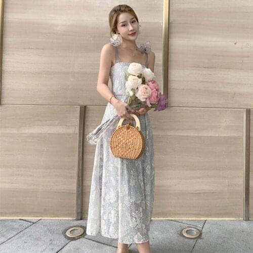 Fashion Korean Summer Coffee Break Vintage Maxi Party Dress OL Ladies Elegant Streetwear Robe Sexy Strap Sleeveless Beach Dress