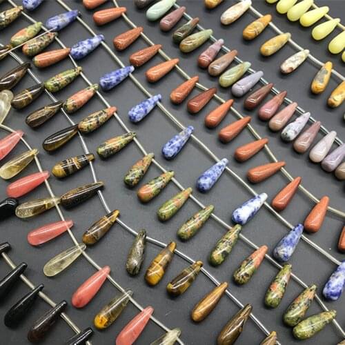 5Pcs Natural Semi-precious Stone Loose Beads Horizontal hole Water Drop Shape Rose Quartz Tigereye 8x25mm DIY Necklace Earrings