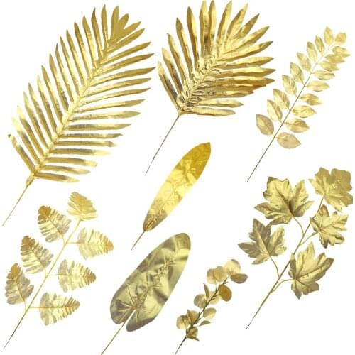 5pcs Artificial Monstera Palm Leaves Gold Silk Scattered Tail Leaf Fake Plant For Home Decor DIY Wedding Hawaiian Party Supplies