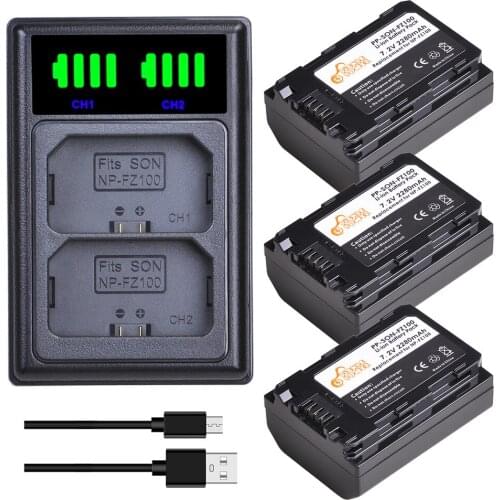 NP-FZ100 NPFZ100 Battery and New LED USB Dual Charger with Type C Port for Sony Alpha A7III A7R III A9 Alpha 9 A7R3 A6600 Camera