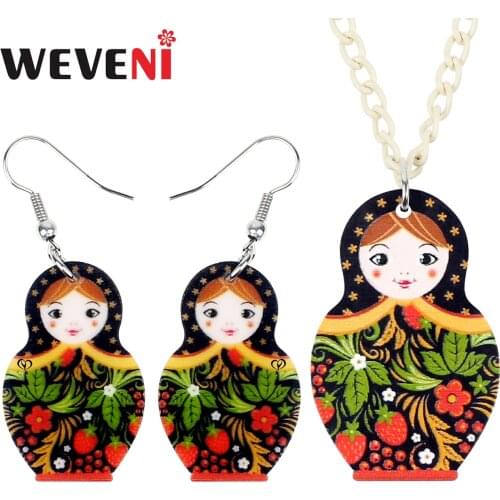 WEVENI Acrylic Russian Matryoshka Doll Jewelry Sets Sweet Toy Earrings Necklace For Women Friends Teens Birthday Gift Decoration