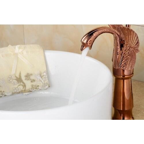 Free shipping rose Gold finish Single hole bathroom basin Lavatory sink Swan Tall faucet Deck mounted