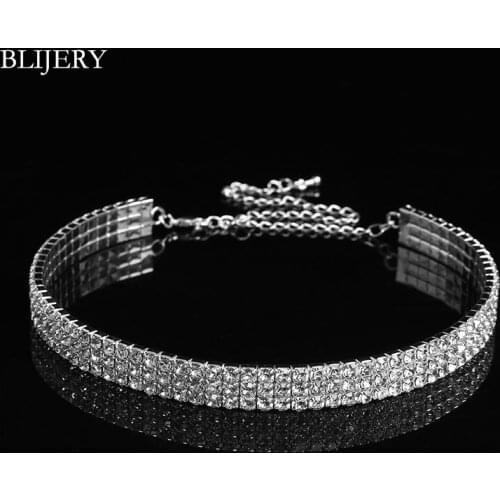 BLIJERY Fashion Women Jewelry Bridal Wedding Party 3 Rows Rhinestone Choker Necklace Silver Color Crystal Chokers Elastic Cord