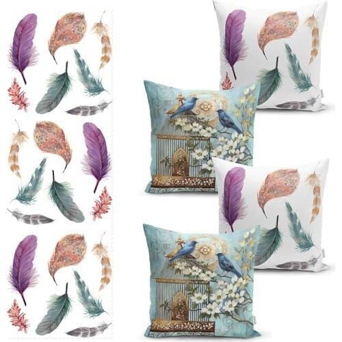 Real Homes Leaf and Bird Design 4 Pillow decorate Case and 1 Runner Set