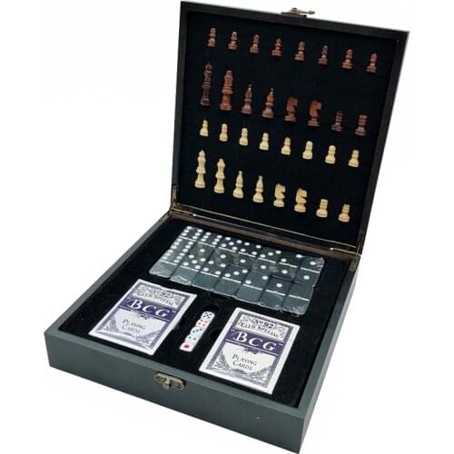 4 In 1 Wooden International Chess + Poker + DIce + Domino Family Party Entertainment Table Board Games