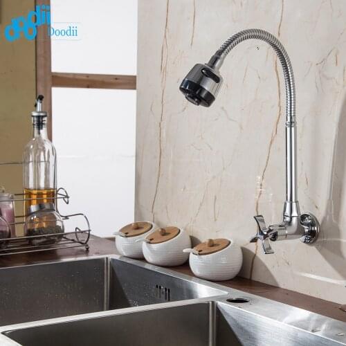 Doodii Brass Wall Mounted Universal Water Kitchen Single Cold Faucet Single Hole Water Tap 360Rotated Kitchen Faucet With Shower